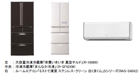 [画像]左：大容量冷凍冷蔵庫「栄養いきいき　真空チルド」(R-X60000)、中央：冷凍冷蔵庫「まんなか冷凍」(R-SF42XM)、右：ルームエアコン「ミストで清潔ステンレス・クリーン　白くまくん」Sシリーズ(RAS-S40X2)