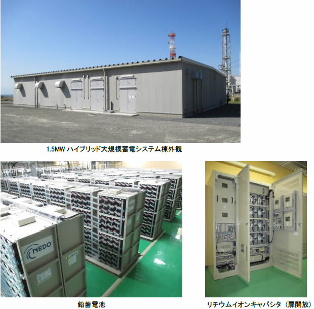 [写真](上)1.5MWハイブリッド大規模蓄電システム棟外観、(左下)鉛蓄電池、(右下)リチウムイオンキャパシタ (扉開放)
