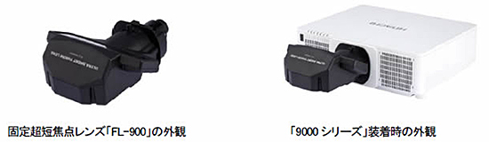 [画像](左)固定超短焦点レンズ「FL-900」の外観、(右)「9000シリーズ」装着時の外観