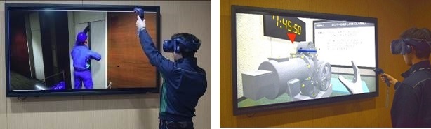 [画像]VR技術を活用した教育システム(左:安全体感教育、右:作業教育)