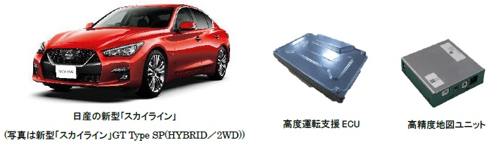 [画像] (左)日産の新型「スカイライン」(写真は新型「スカイライン」GT Type SP(HYBRID／2WD))、(中)高度運転支援ECU、(右)高精度地図ユニット