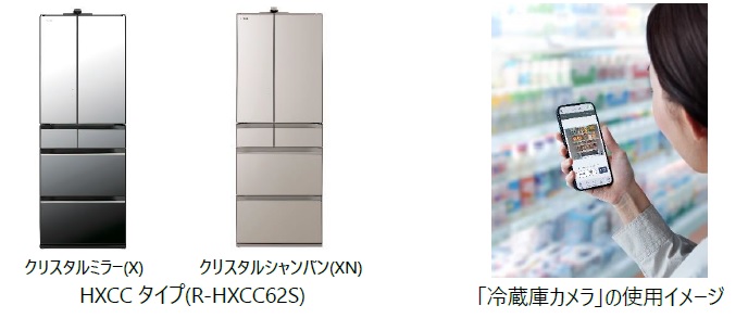 [画像](左)HXCCタイプ(R-HXCC62S)(左から)クリスタルミラー(X)、クリスタルシャンパン(XN)(右)「冷蔵庫カメラ」の使用イメージ
