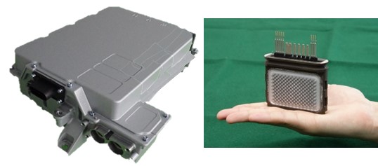 [画像]図1. 開発したEV向け800Vインバータ(左)と、両面冷却パワーモジュール(右)