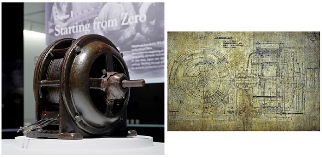 [画像]1910年に製作された五馬力誘導電動機(左)とその設計図(右)