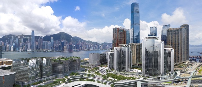 [画像]香港西九龍駅の複合施設の外観イメージ(写真右側手前)