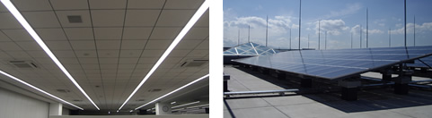 [画像] 左: 執務室LED照明、右: 太陽光発電設備