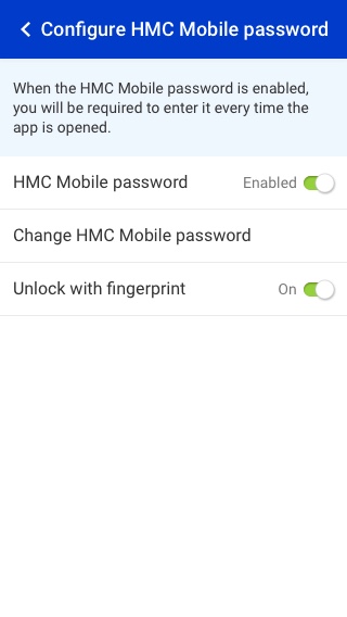 HMC Mobile Configure HMC security preferences view