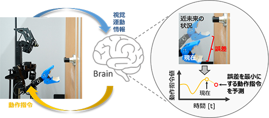 図1　生体が実世界と脳の予測誤差が最小となるように振る舞うことを参考に、現実とモデルの予測誤差を最小化するアルゴリズム「深層予測学習」