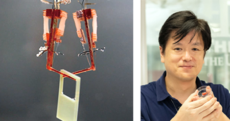 写真:左：生きた筋肉で動くロボット、右：講師　竹内 昌治氏